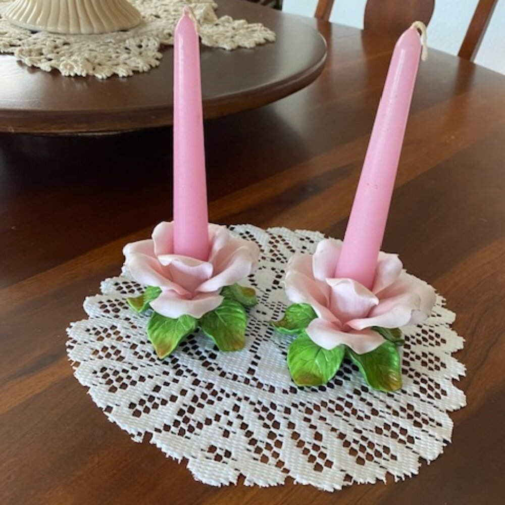 Pair PINK Blush ROSE CANDLESTICKS Holders * Hand-painted MATTE Bisque PORCELAIN